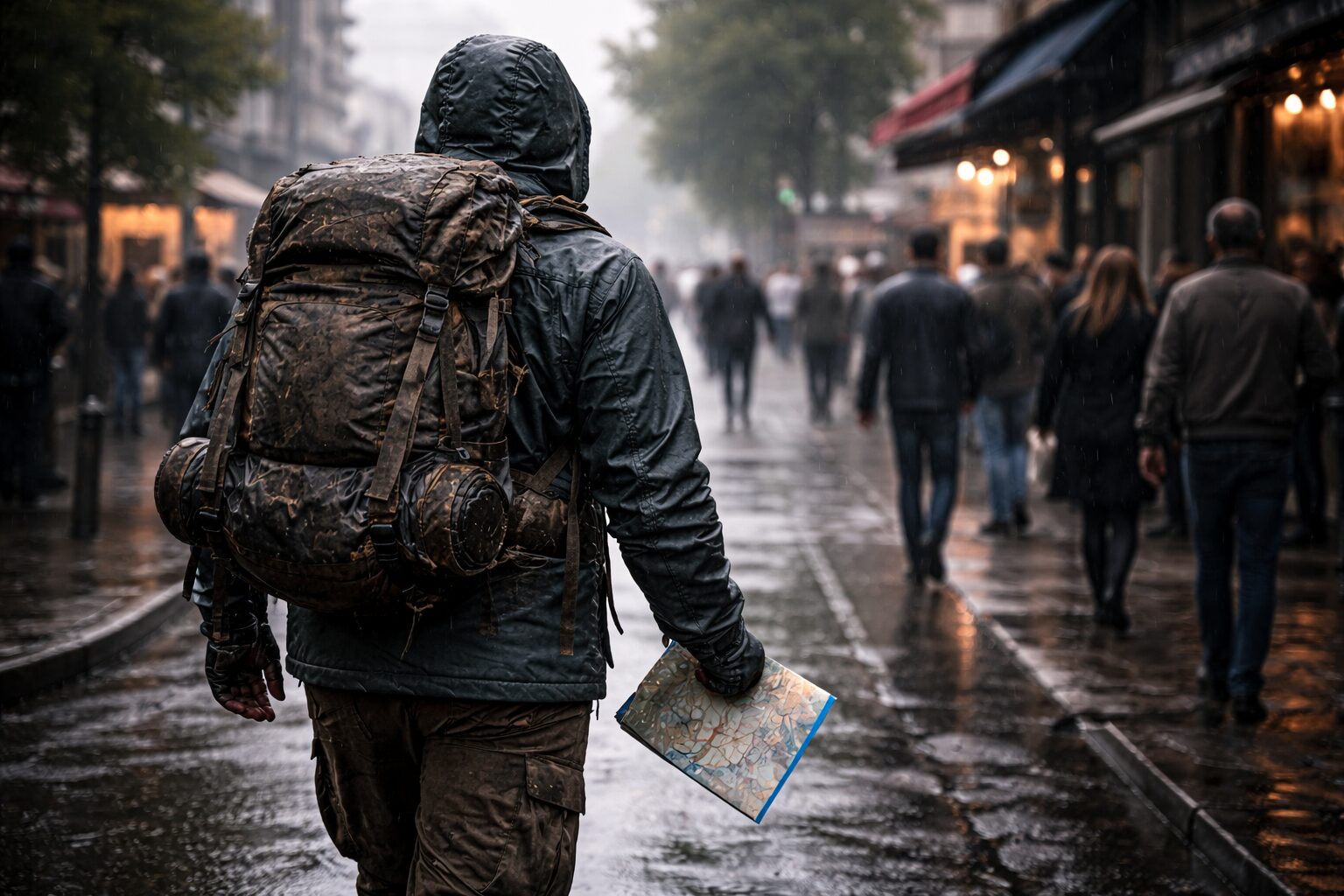 Cartographier sa zone de survie : méthode simple pour anticiper les crises personne marchant en zone urbaine ou périurbaine avec sac compact, rythme crédible, environnement réaliste, posture de déplacement stable, sans texte.
