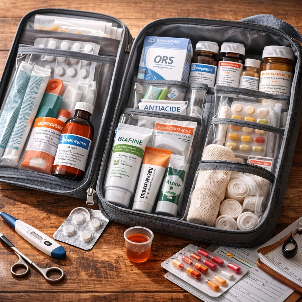 trousse médicale domestique bien organisée sur une table, modules séparés douleur/fièvre, digestion, allergies, traitements personnels, thermomètre visible, ambiance réaliste sans texte.