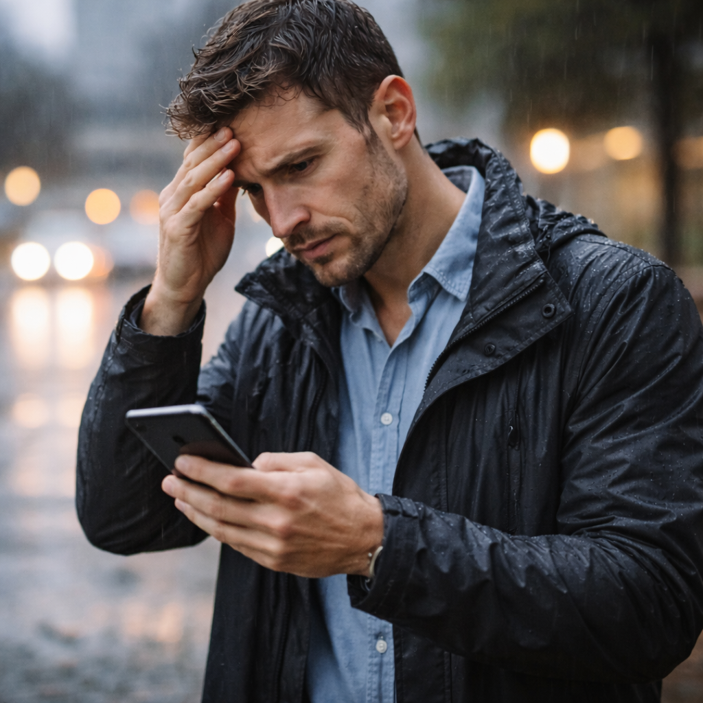 Urgence réelle ou urgence ressentie ? Test simple pour éviter les décisions stupides “dans le feu” scène réaliste “pression + choix” : une personne debout près d’une fenêtre ou dans un couloir, téléphone en main, regard concentré, posture stable (pas dramatique), lumière naturelle.