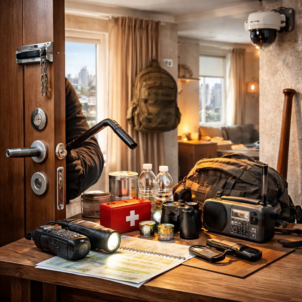 Comment sécuriser un appartement en situation de crise appartement organisé et sécurisé en situation de crise avec porte renforcée, rideaux fermés, lampe et kit d’urgence