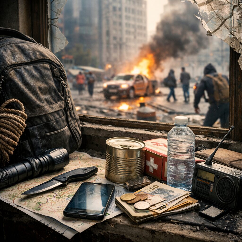 habitant en milieu urbain préparant son appartement pour une crise avec eau, radio, lampe et sac d’urgence
