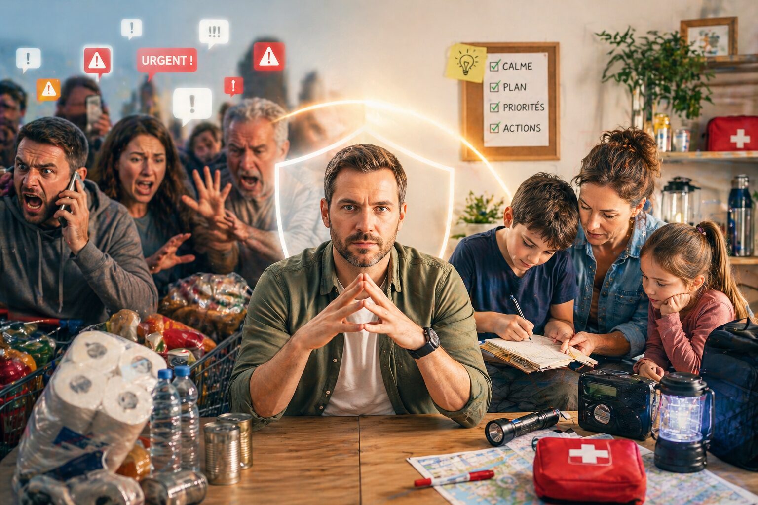 Famille essayant de garder son calme pendant une crise avec carnet, lampe et réserves sur une table.