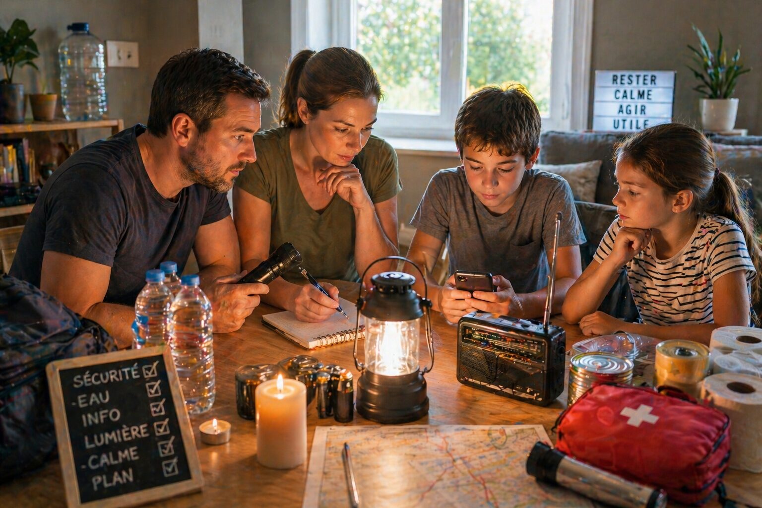 Famille organisée autour d’une table pendant une coupure imprévue avec lampe, eau, carnet et téléphone.