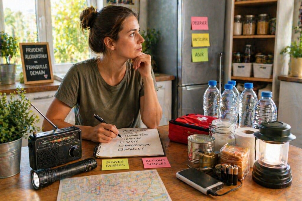 Quand tout fonctionne encore… mais plus pour longtemps : reconnaître les signes Foyer français préparant calmement ses ressources avant une coupure ou une pénurie possible.