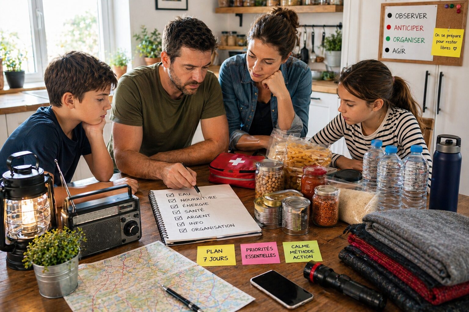 Foyer organisé avant qu’une crise ne s’installe avec eau, lampe, carnet et réserves simples.