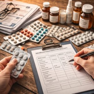 personne organisant calmement ses traitements, ordonnances et boîtes de médicaments sur une table en prévision d’une rupture en pharmacie