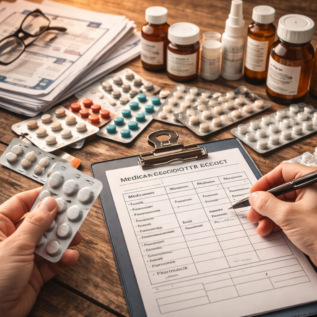 personne organisant calmement ses traitements, ordonnances et boîtes de médicaments sur une table en prévision d’une rupture en pharmacie