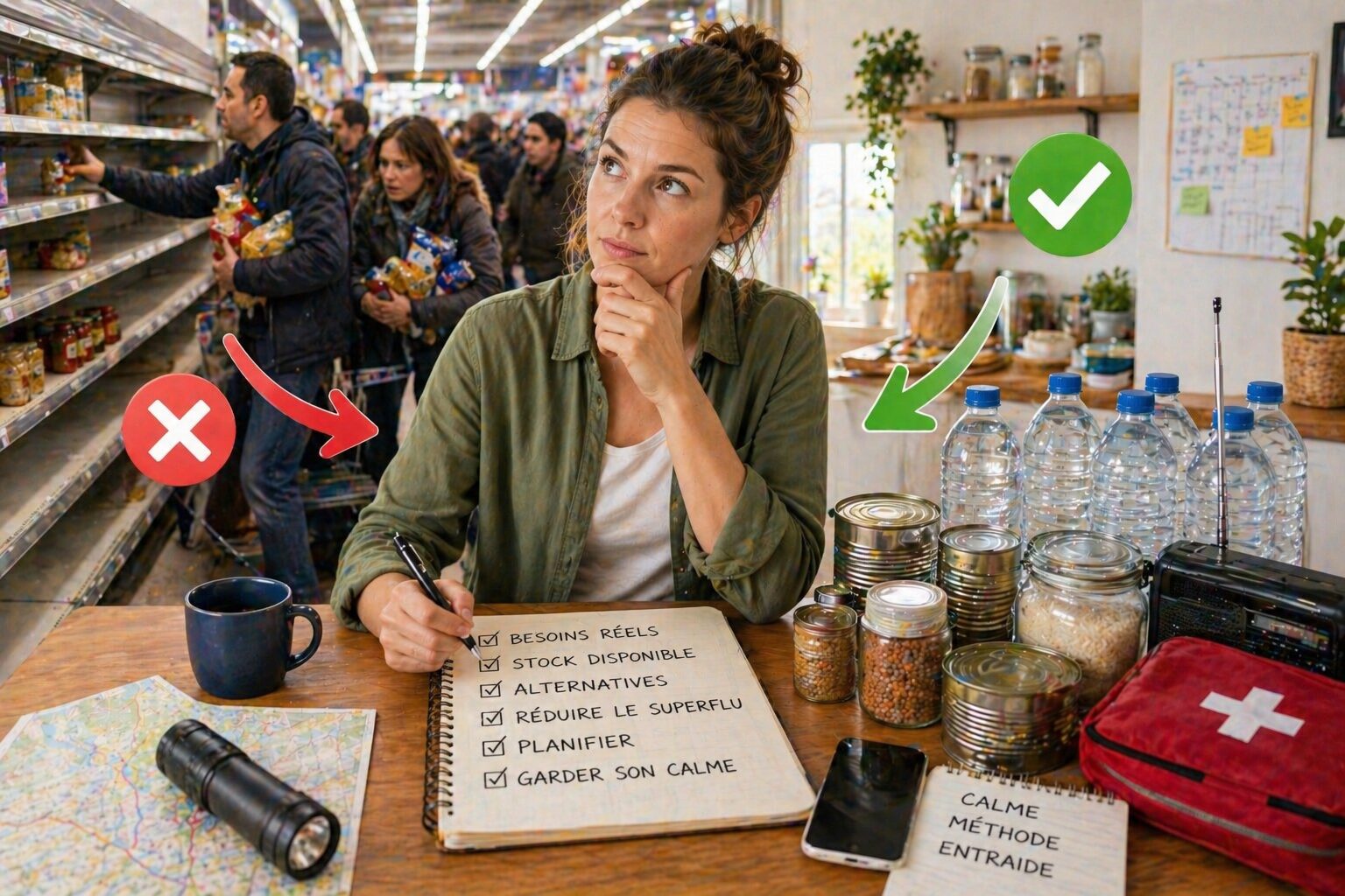 Les erreurs qui attirent l’attention en période instable Personne organisant calmement ses ressources à la maison face à une pénurie locale possible.