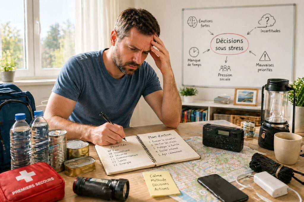 Personne stressée prenant une décision en situation de crise à la maison.
