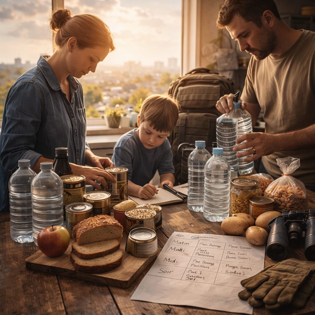 réserves alimentaires de base et eau organisées calmement sur une table de cuisine en contexte de crise familiale