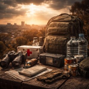 famille préparant calmement un kit d’urgence et des réserves de base dans un appartement en contexte de crise proche