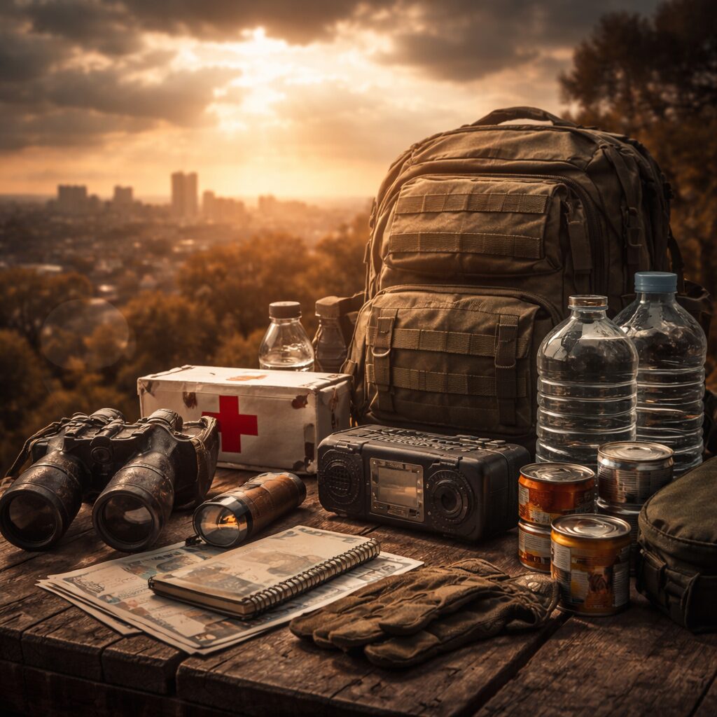 famille préparant calmement un kit d’urgence et des réserves de base dans un appartement en contexte de crise proche