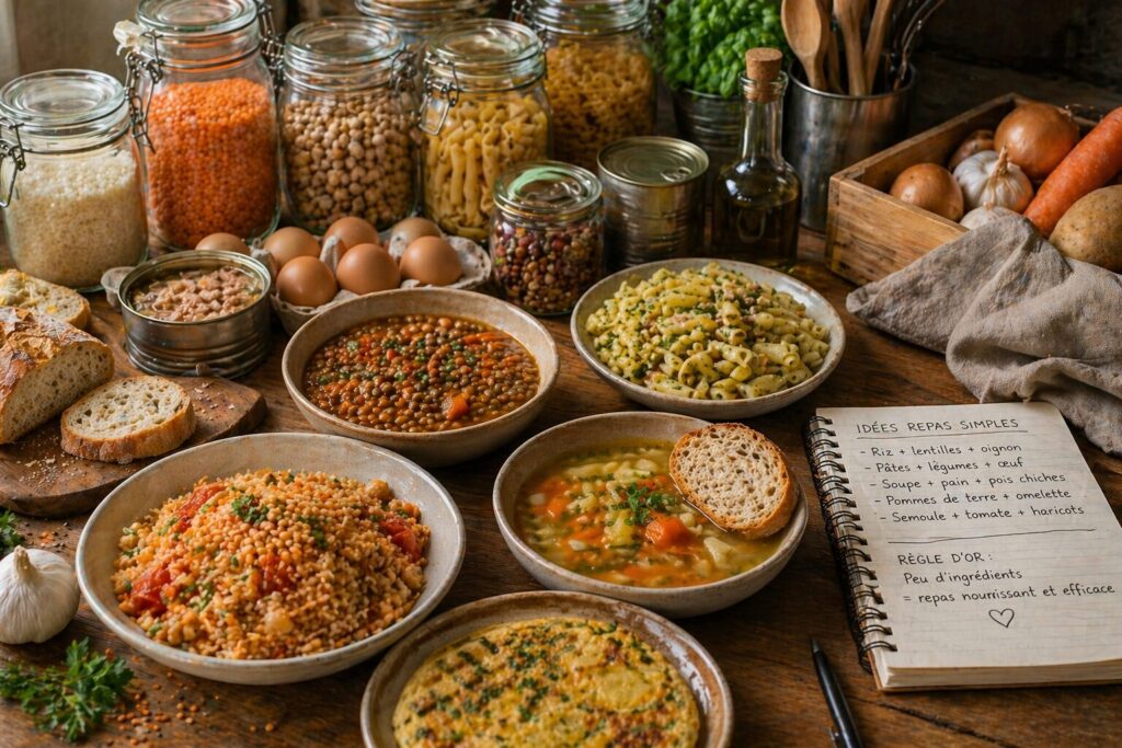aliments simples de cuisine comme riz, lentilles, œufs, pain et légumes de base organisés pour composer des repas efficaces et nourrissants