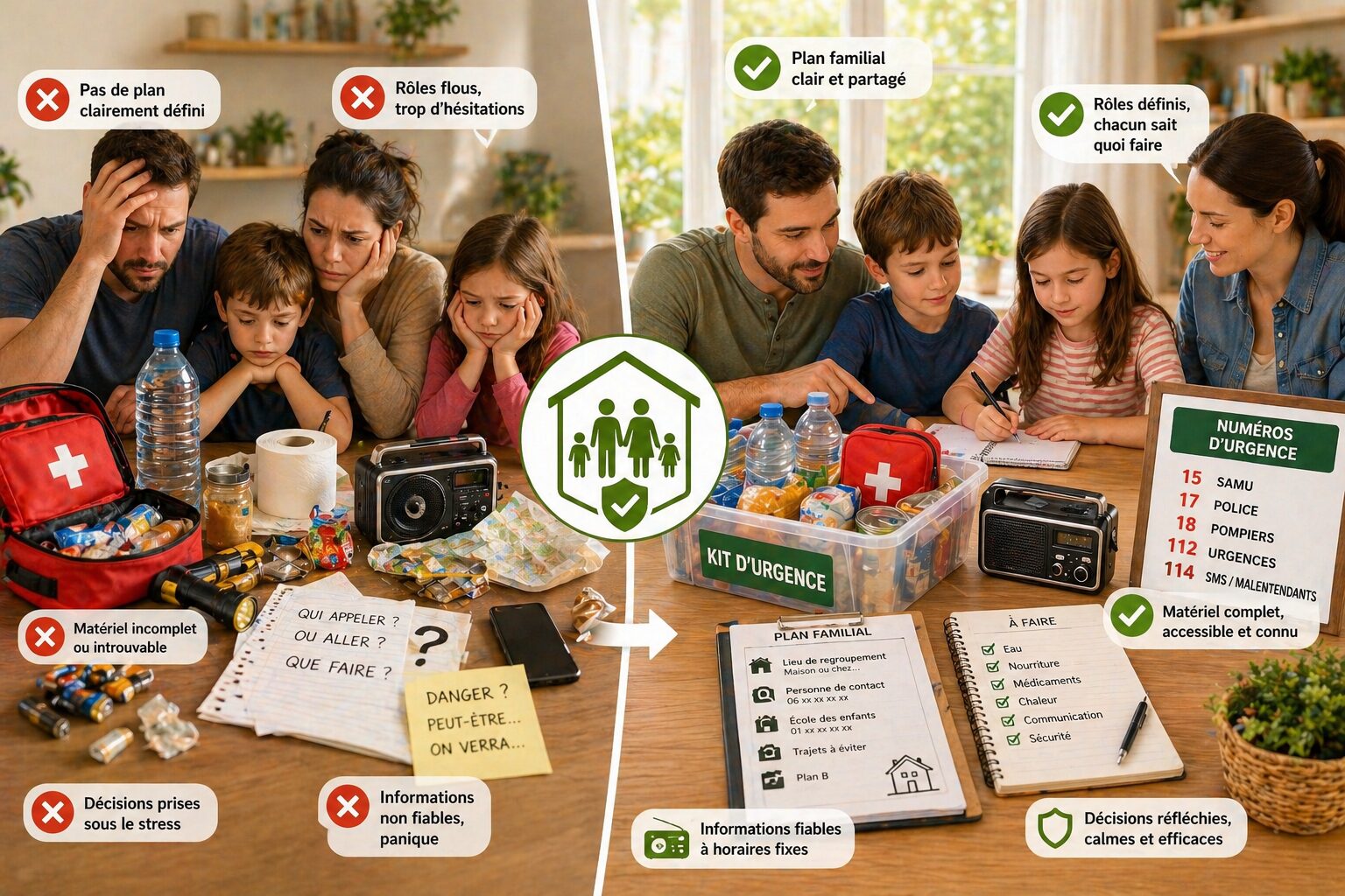 Vivre avec moins sans subir : méthode réaliste et durable famille autour d’une table avec carnet, kit d’urgence, eau, lampe et numéros utiles pour éviter les erreurs dangereuses en cas de crise