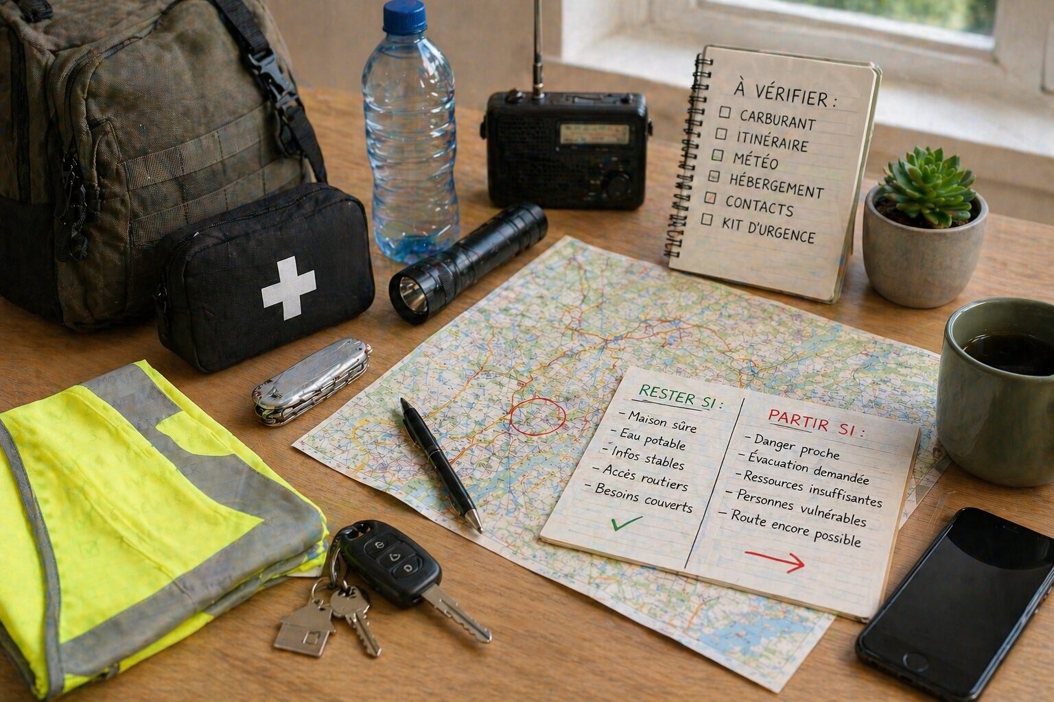 Se déplacer en crise : carburant, blocages, sécurité famille devant une carte avec sac d’urgence, clés, téléphone et itinéraires alternatifs pour décider s’il faut partir ou rester en crise