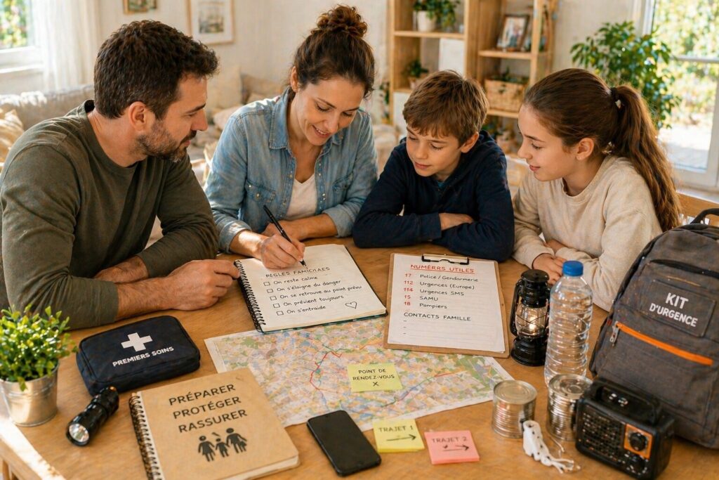famille discutant calmement autour d’une table avec carnet, téléphone et liste de règles simples pour protéger le foyer sans vivre dans la peur
