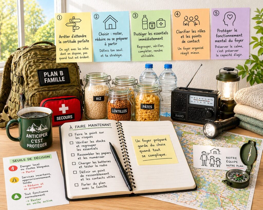 famille organisant calmement un plan de crise domestique avec papiers, réserves et check-list avant une situation critique