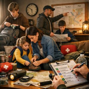 famille réunie autour d’un plan d’urgence avec sacs, eau, papiers, radio et matériel de base en intérieur