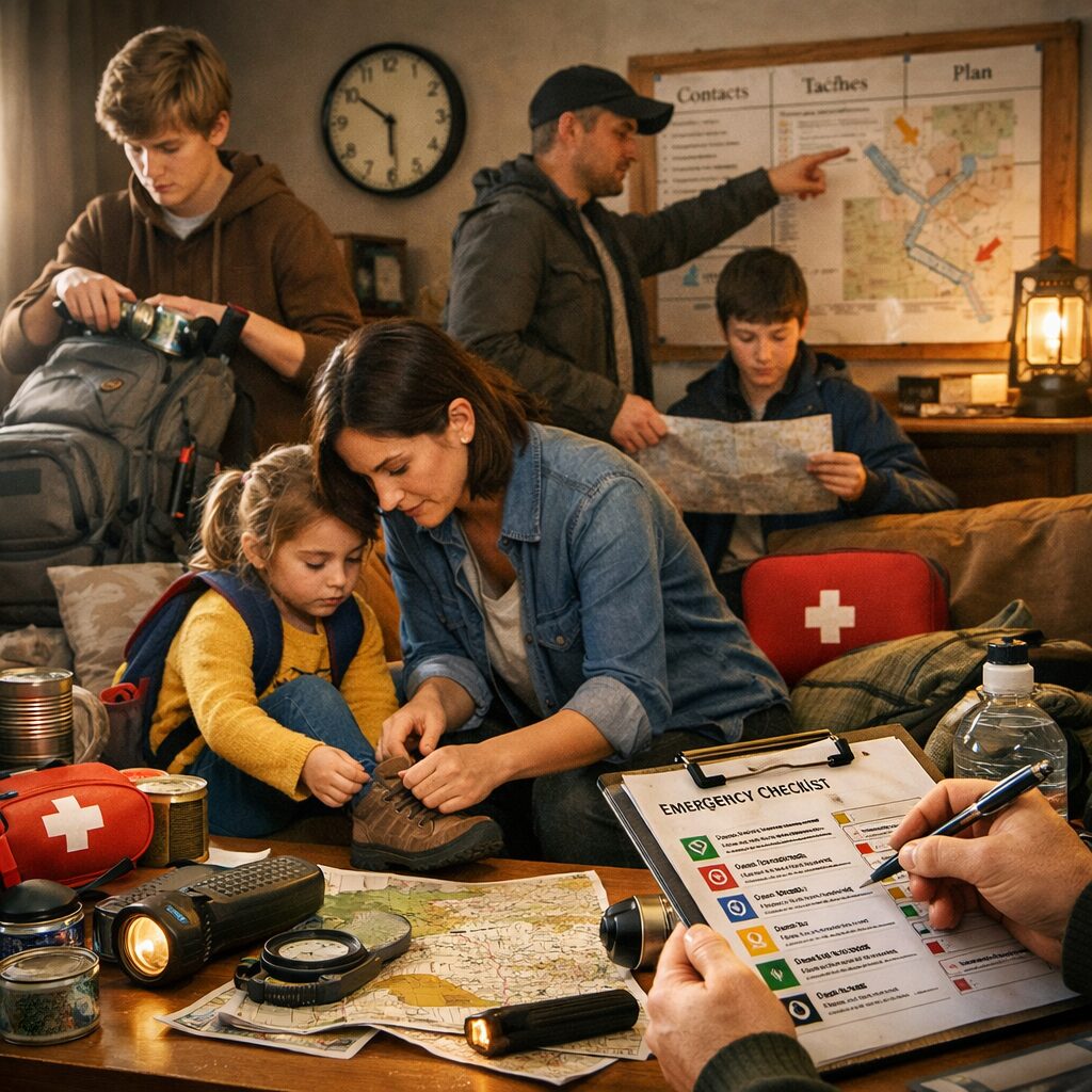 famille réunie autour d’un plan d’urgence avec sacs, eau, papiers, radio et matériel de base en intérieur