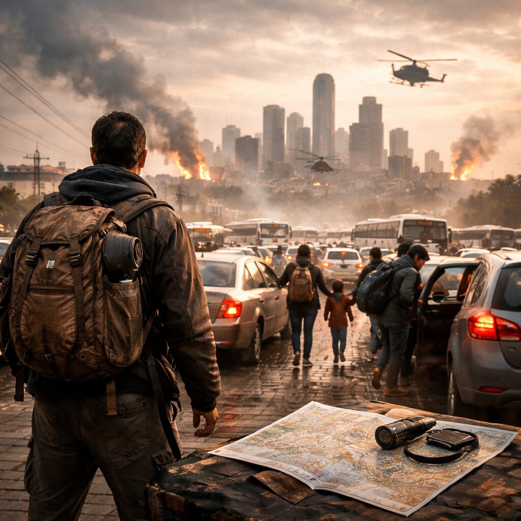 Comment évacuer une grande ville en cas de catastrophe habitants quittant une grande ville en situation de catastrophe avec sacs légers, circulation dense et ambiance de crise