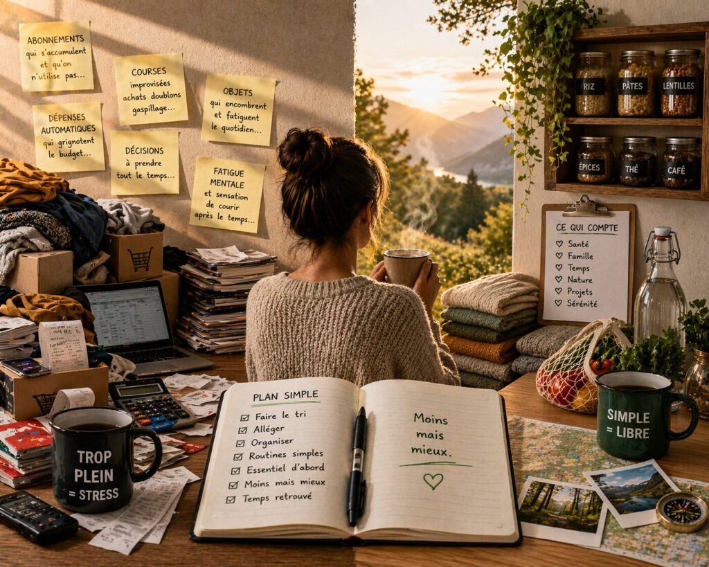 Vivre avec moins sans subir : méthode réaliste et durable intérieur de maison simple et apaisé avec quelques objets utiles, une organisation claire et une ambiance sobre pour illustrer un mode de vie plus léger