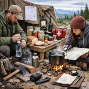 logement organisé pour une survie de plusieurs semaines avec eau, nourriture, lampe, trousse médicale et espace de vie sobre
