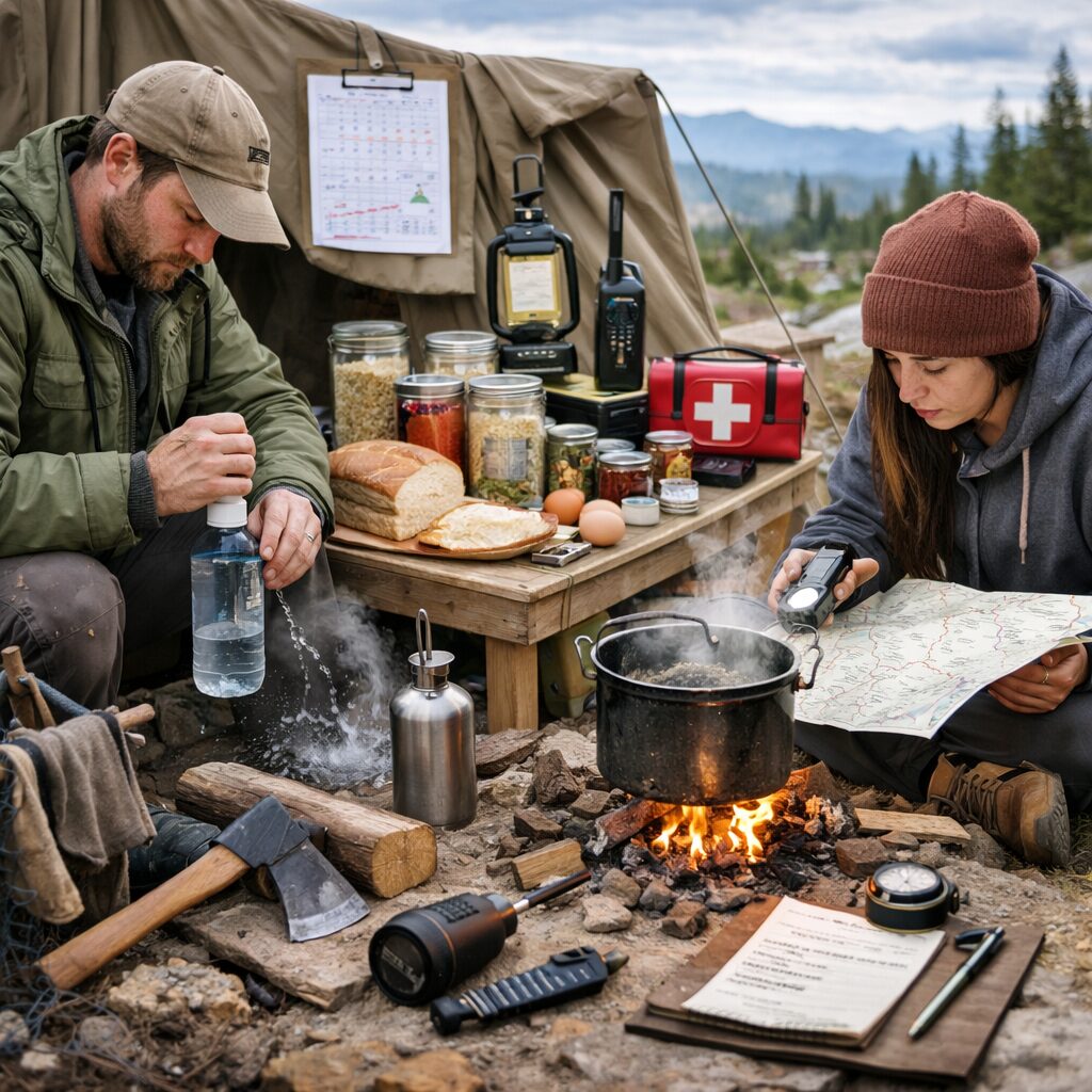 logement organisé pour une survie de plusieurs semaines avec eau, nourriture, lampe, trousse médicale et espace de vie sobre