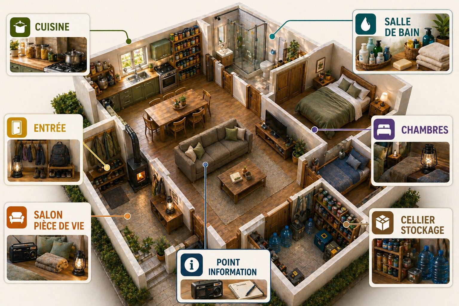 maison familiale organisée pièce par pièce pour une crise longue avec cuisine, réserves, lampe, radio, eau et carnet de planification prêt à l’emploi