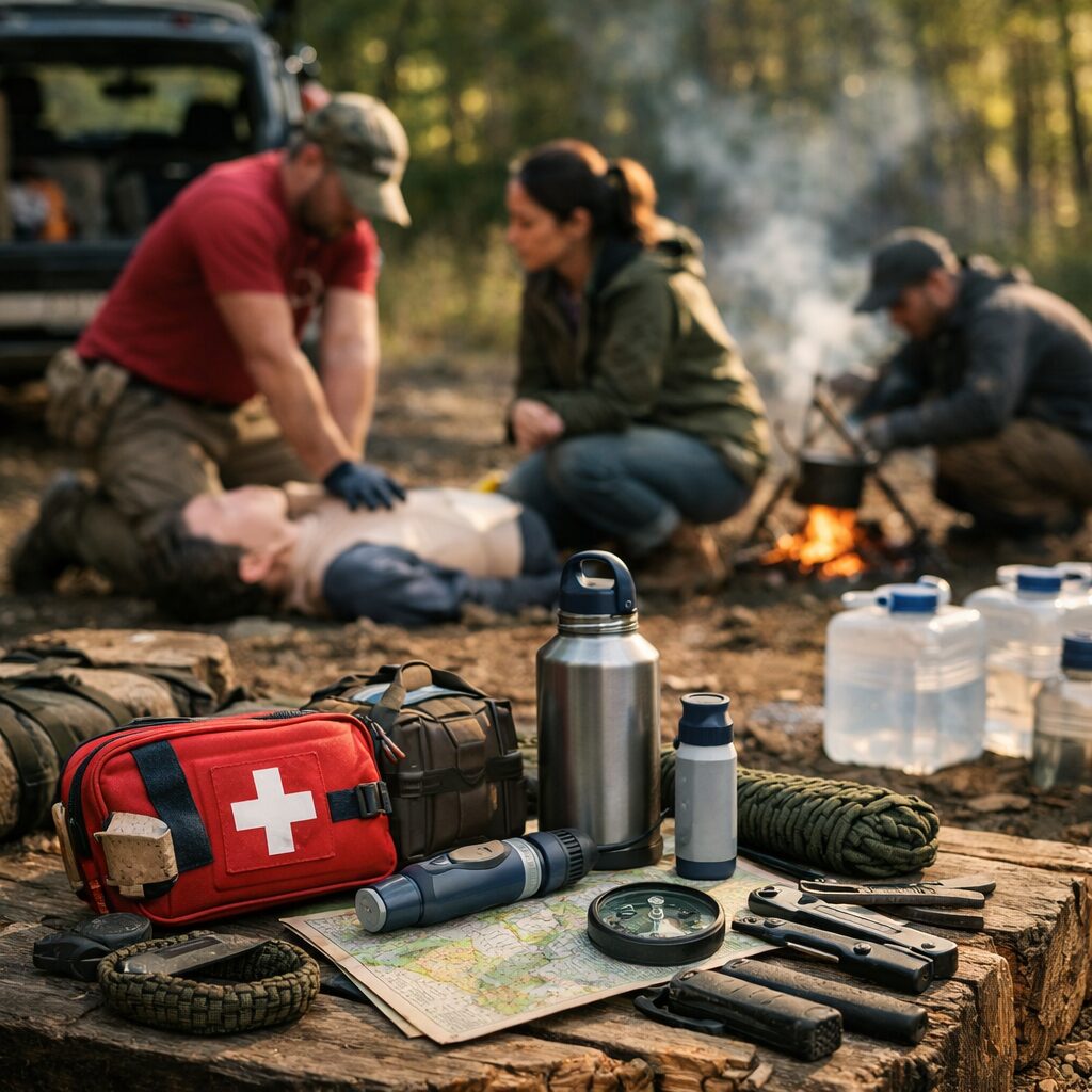 matériel simple et personne en apprentissage de compétences de survie utiles comme premiers secours, eau, sac et organisation