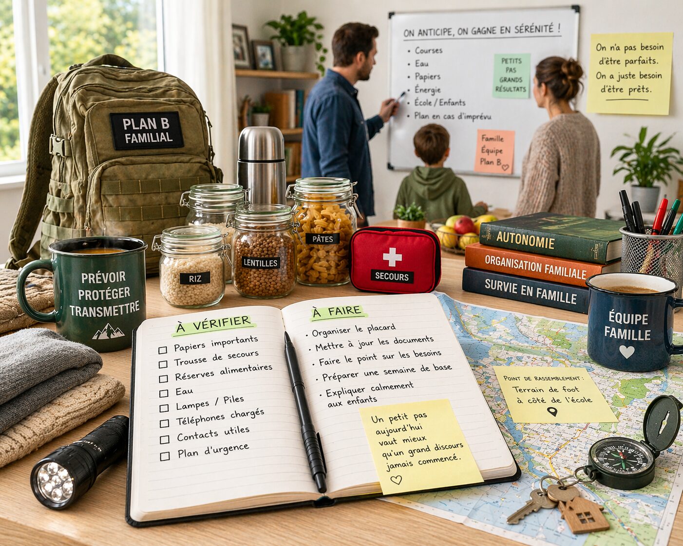 parent organisant calmement un plan familial, des papiers essentiels et des réserves du quotidien sur une table de maison pour anticiper sans créer de conflit