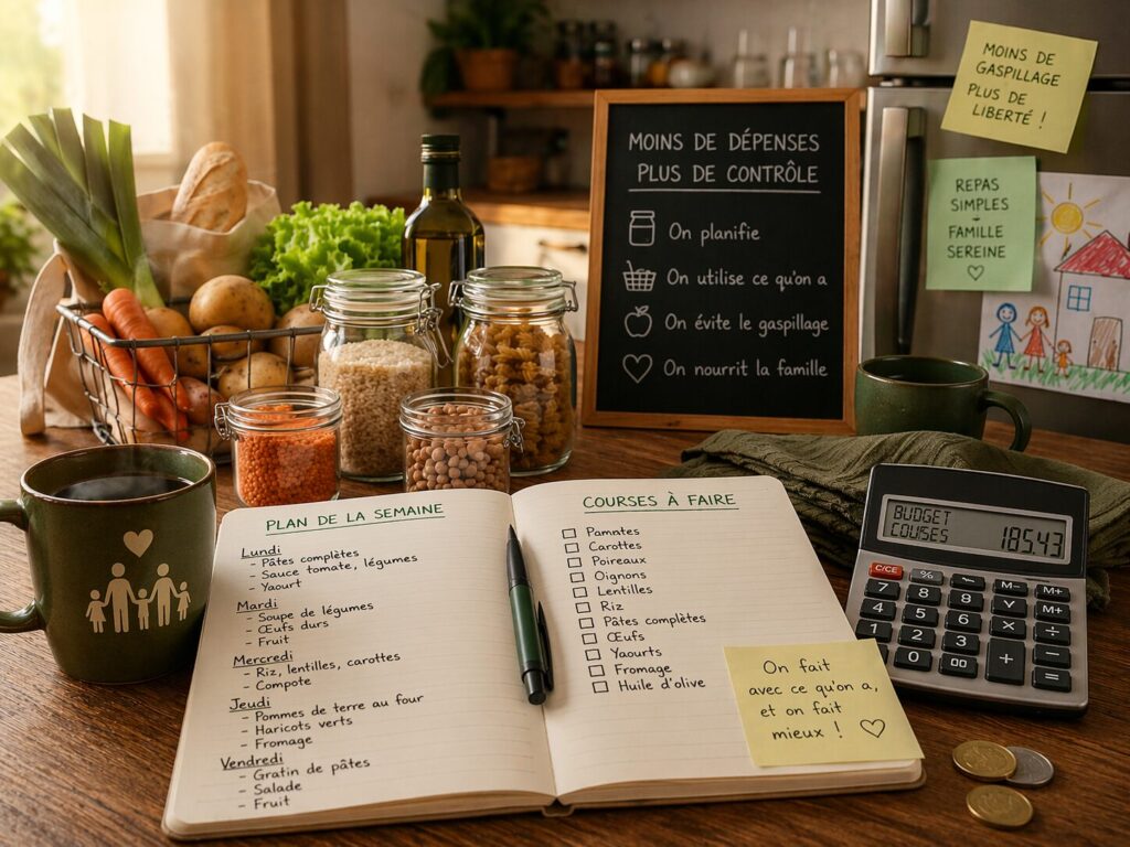 parent organisant des courses et un plan de repas familial sur une table de cuisine pour faire face à la hausse des prix alimentaires