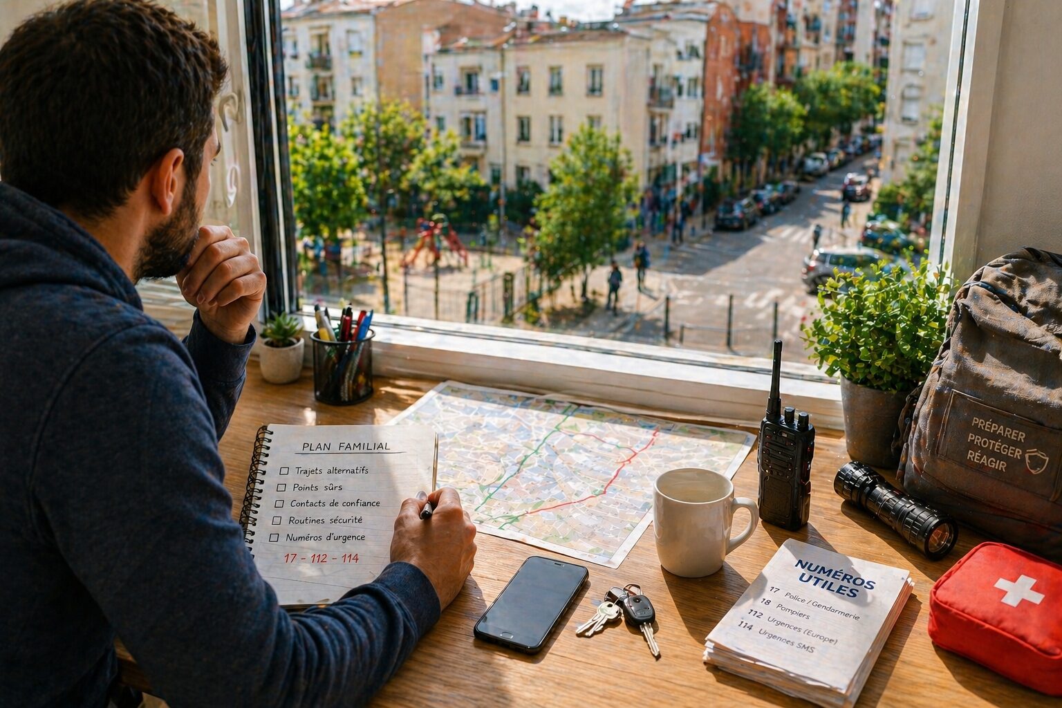 personne observant calmement une rue de quartier depuis une fenêtre avec carnet, téléphone et plan de trajet pour réagir à une insécurité locale sans panique