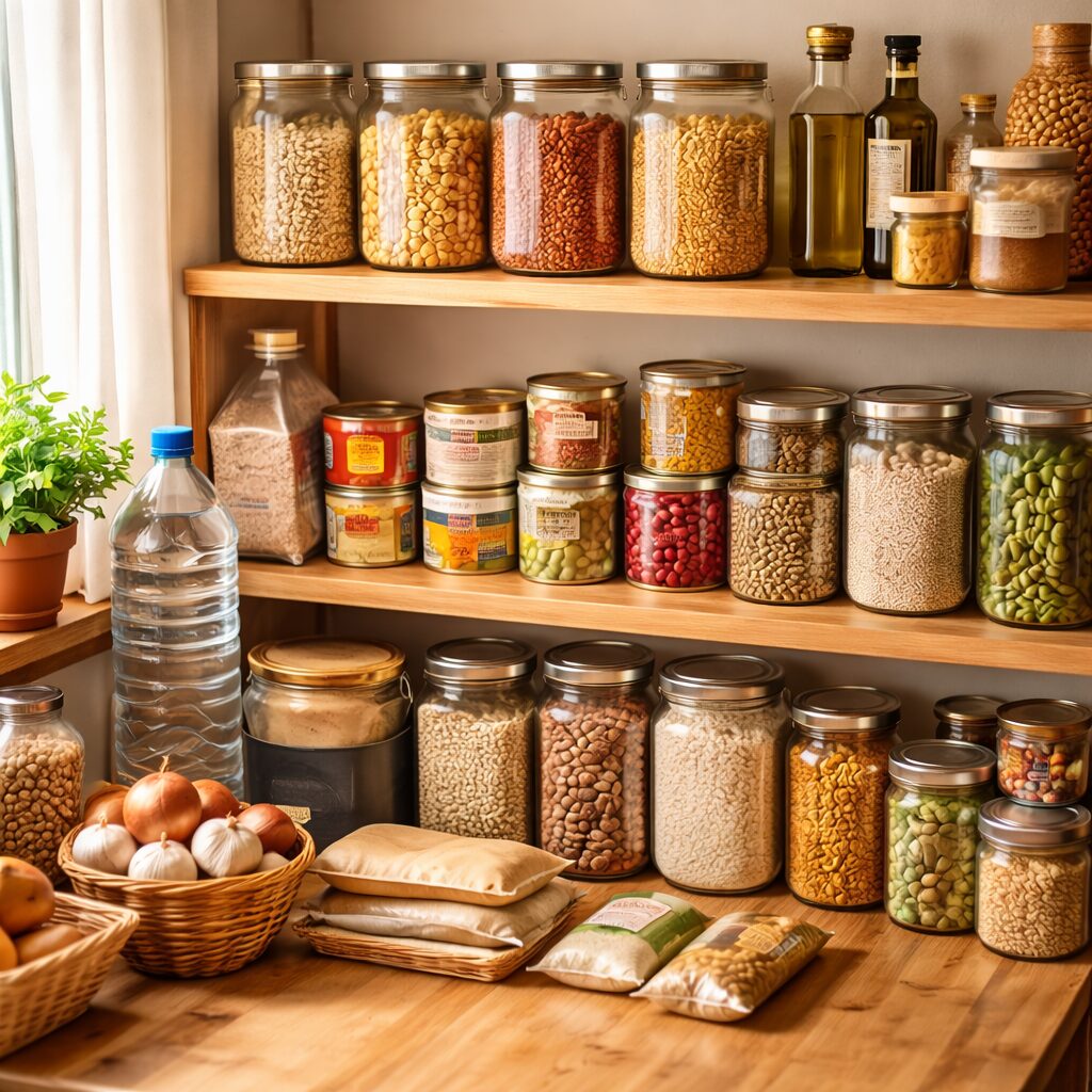 Stock alimentaire : les erreurs invisibles qui détruisent tout réserve alimentaire familiale avec conserves, bocaux, eau et carnet d’inventaire pour organiser un stock durable et éviter les erreurs invisibles