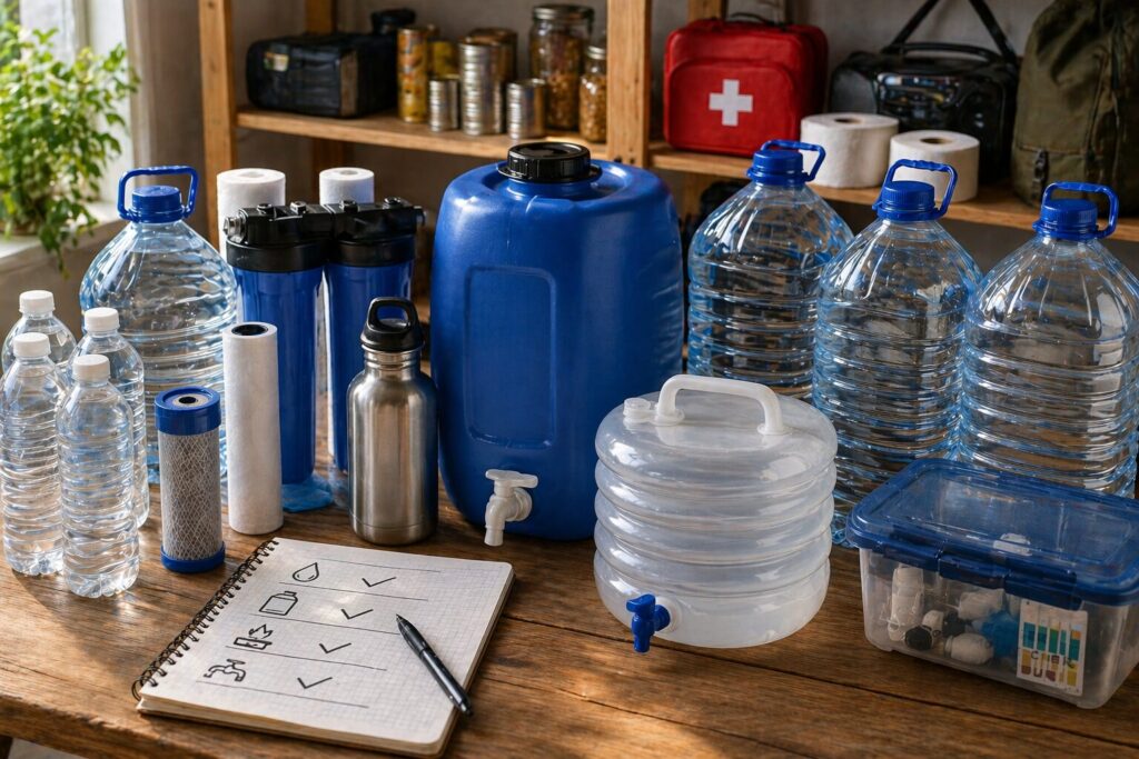 réserve d’eau potable domestique avec bouteilles, contenants, carnet de planification et organisation claire pour sécuriser l’eau d’un foyer avant une crise