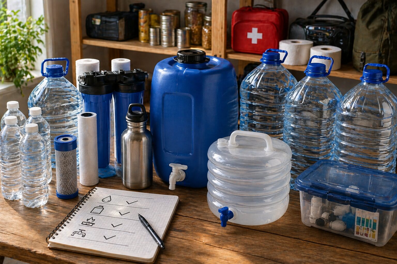 réserve d’eau potable domestique avec bouteilles, contenants, carnet de planification et organisation claire pour sécuriser l’eau d’un foyer avant une crise