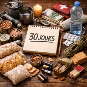 réserves alimentaires modestes organisées sur une table avec eau, conserves, carnet d’inventaire et cuisine simple