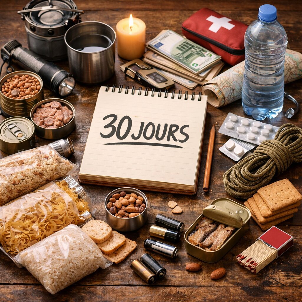 réserves alimentaires modestes organisées sur une table avec eau, conserves, carnet d’inventaire et cuisine simple