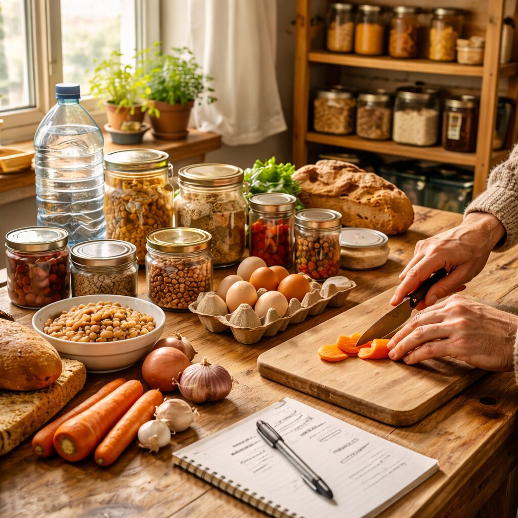 réserves alimentaires simples, eau et carnet de planification sur une table de cuisine pour organiser un mois avec peu de nourriture sans s’affaiblir