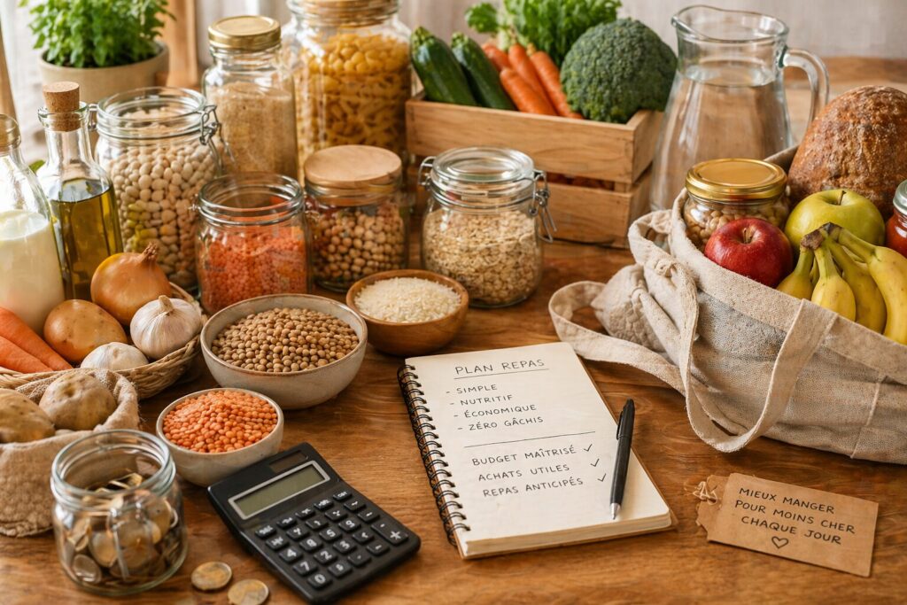table de cuisine avec aliments simples, légumes secs, pain, eau et carnet de planification pour organiser une alimentation familiale malgré l’inflation