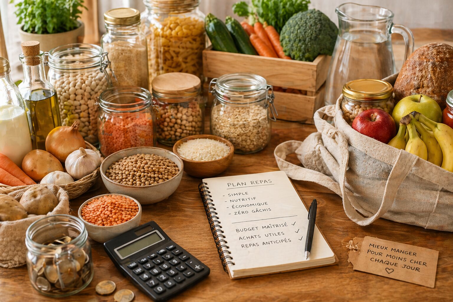 table de cuisine avec aliments simples, légumes secs, pain, eau et carnet de planification pour organiser une alimentation familiale malgré l’inflation