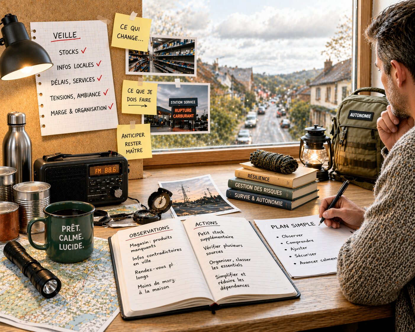 table familiale avec carnet, check-list, radio, papiers essentiels et réserves légères pour anticiper les signaux faibles d’une crise domestique