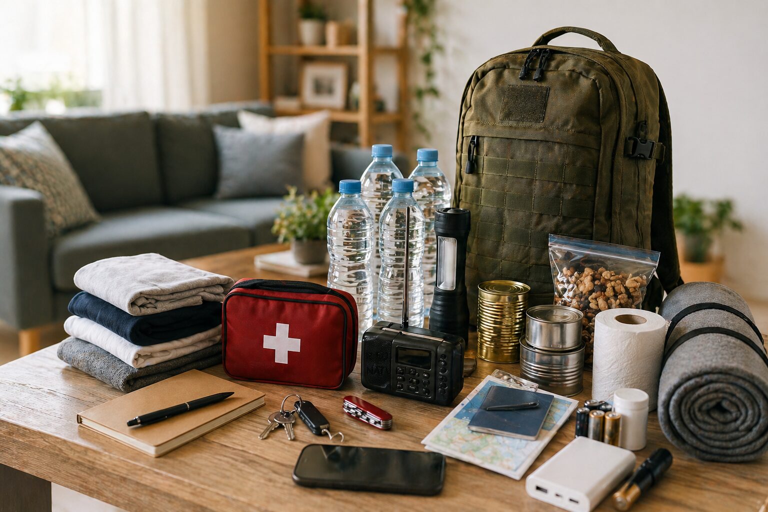 Vivre avec moins sans subir : méthode réaliste et durable table familiale avec kit d’urgence, eau, radio, lampe, papiers importants et carnet de consignes pour corriger une préparation de crise incomplète