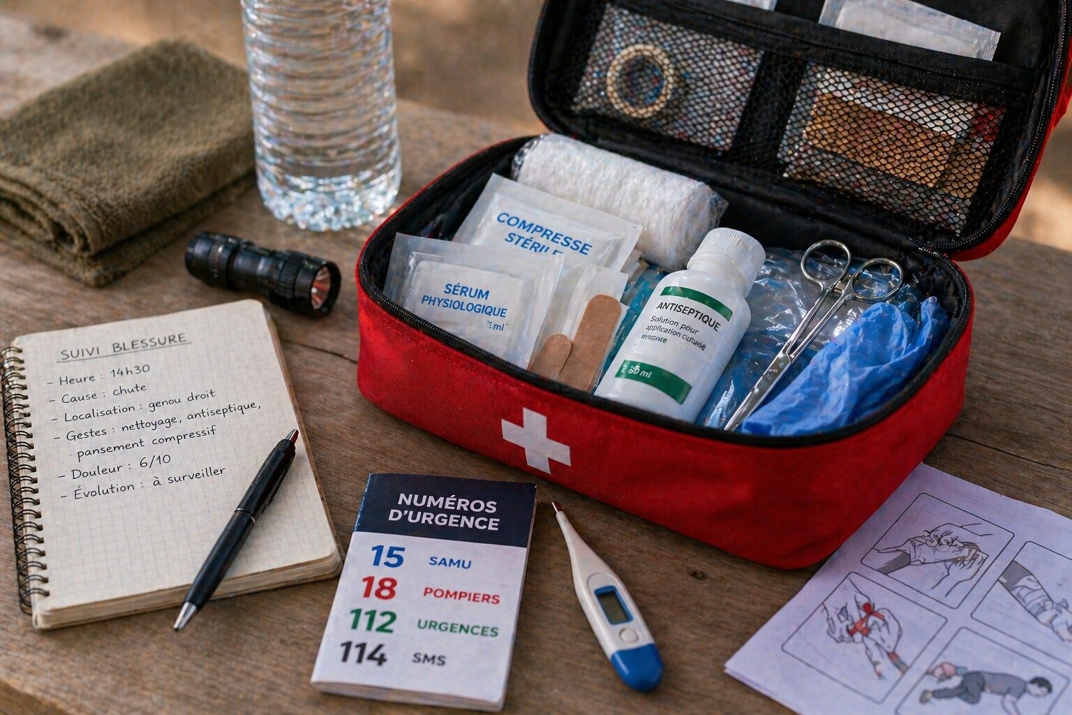 trousse de secours familiale ouverte avec compresses, pansements, antiseptique, carnet de suivi et téléphone pour gérer une blessure sans médecin immédiat