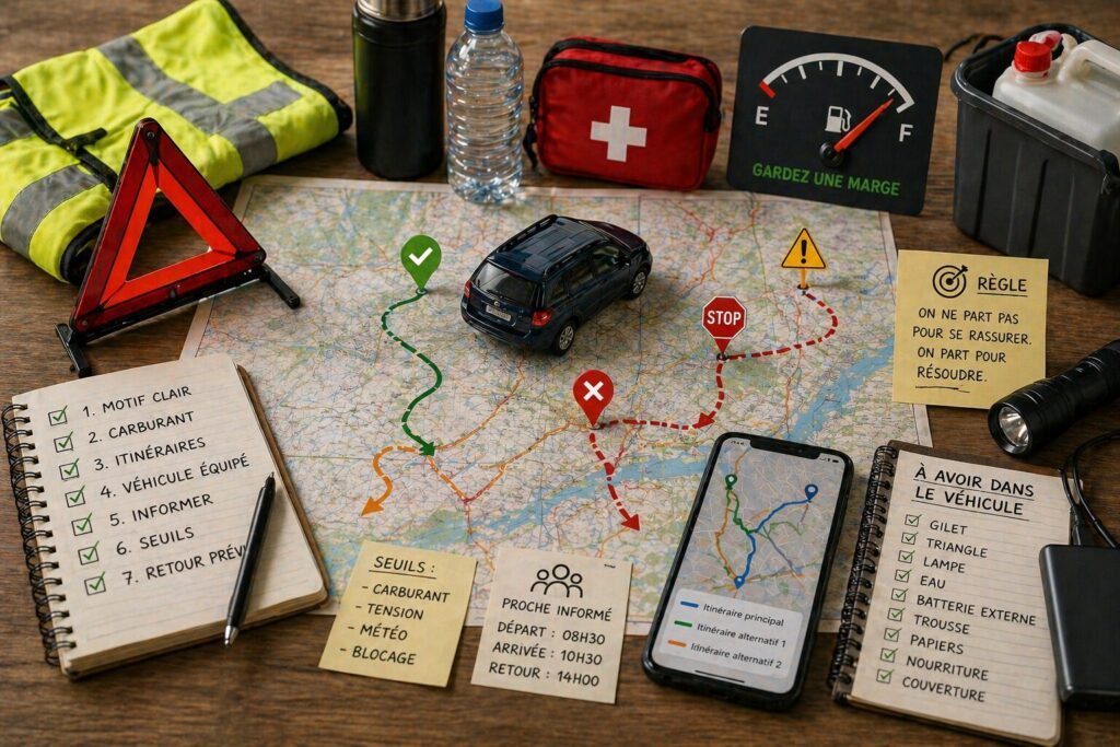 Se déplacer en crise : carburant, blocages, sécurité voiture familiale préparée pour un déplacement en crise avec carte routière, carburant, lampe, gilet de sécurité, eau et carnet d’itinéraires alternatifs