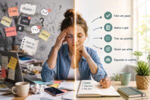 personne qui reprend le contrôle face à la surcharge mentale en triant ses priorités calmement.