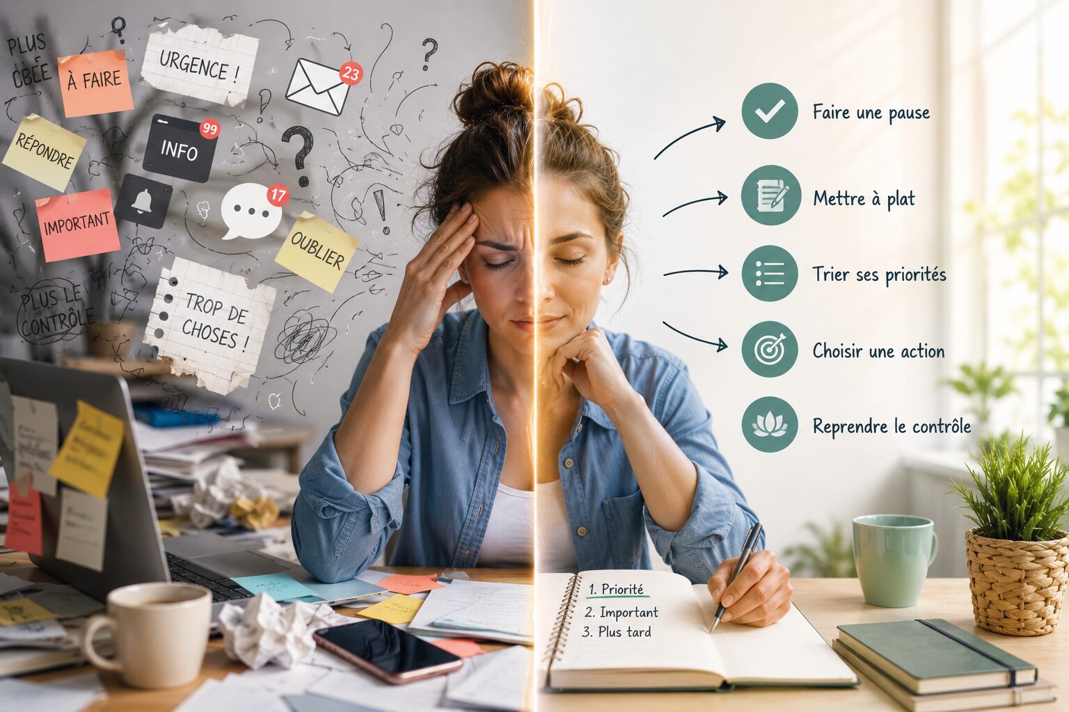 personne qui reprend le contrôle face à la surcharge mentale en triant ses priorités calmement.