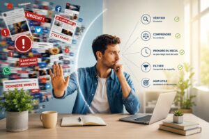 image : personne qui évite de s’emballer face aux informations en vérifiant calmement son téléphone et ses sources.