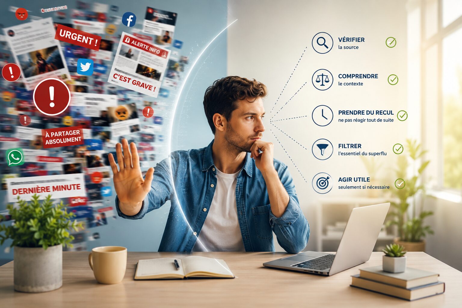 Comment éviter de s’emballer face aux informations image : personne qui évite de s’emballer face aux informations en vérifiant calmement son téléphone et ses sources.