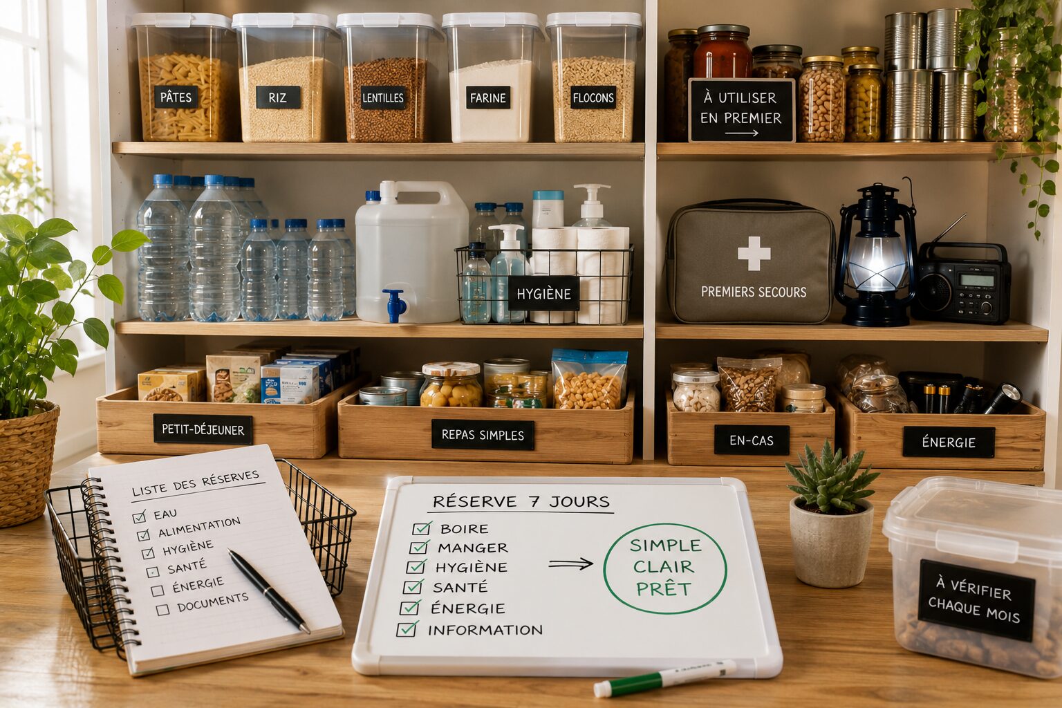 Réserves alimentaires et essentielles bien organisées dans un foyer avec eau, conserves, lampe et carnet.