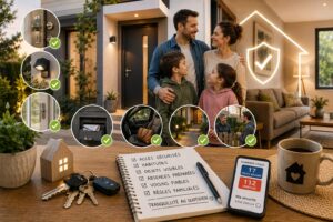 Domicile protégé sans excès avec entrée éclairée, clés rangées, lampe, carnet et famille calme en arrière-plan.